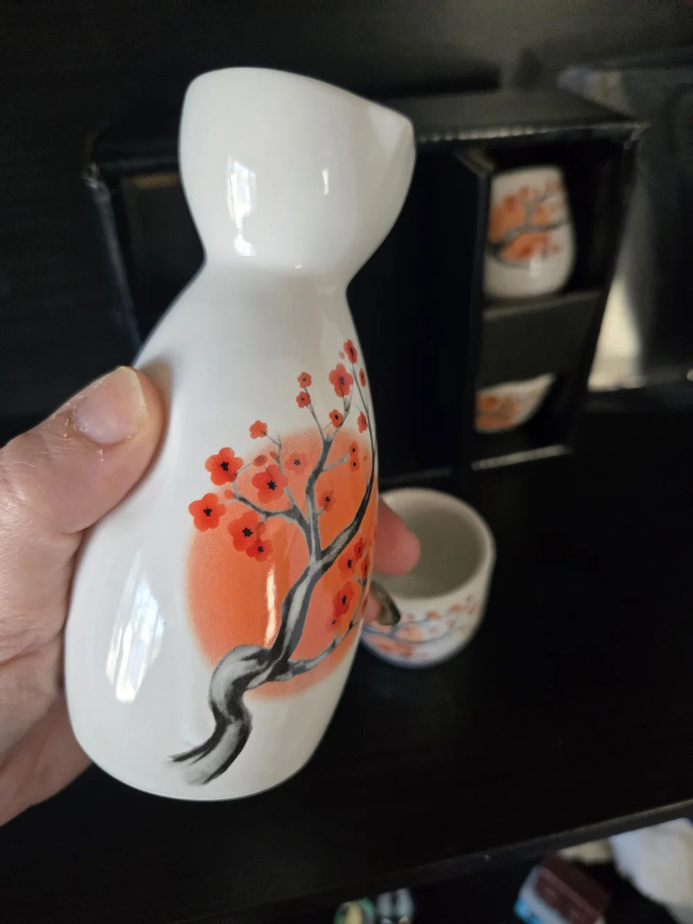 5 Piece Ceramic Sake Set with Orange Blossom Design